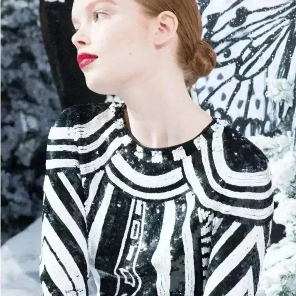 NWT Alice + Olivia Jae Sequin Fitted Cocktail Gown Dress Size 4 Black White - Picture 12 of 14